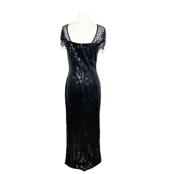 Vintage 90s Size 10 Niteline Sequin Formal Dress Flashy Gown Beaded Fringe - Picture 4 of 8